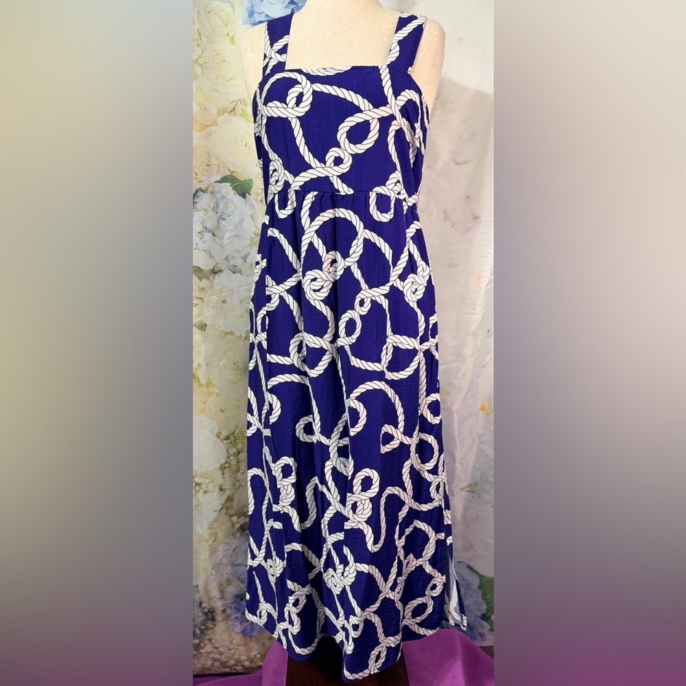 Nautical Rope Print Maxi Dress Crossover straps Smocked back Lightweight flowy